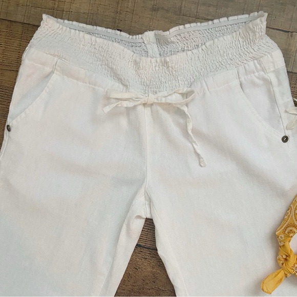 White Linen Blend Drawstring Pants Smocked Waist Flared by Lovetree - Picture 2 of 13